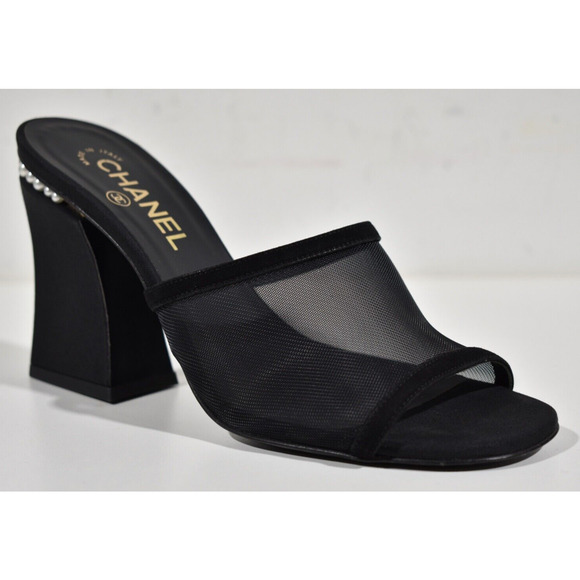 Chanel 22A Black Mesh Pearl CC Logo Block Heel Backless Mule Sandal Pump 41 - Picture 3 of 11